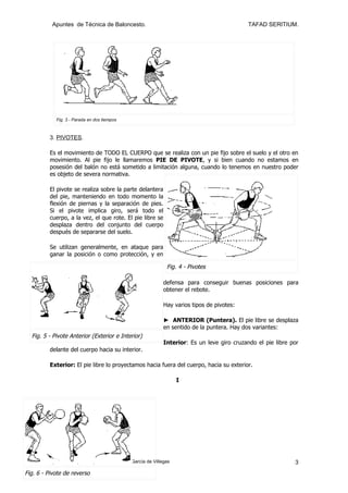 Apuntes de Técnica de Baloncesto.                                                   TAFAD SERITIUM.




             Fig. 3 - Parada en dos tiempos



          3. PIVOTES.

          Es el movimiento de TODO EL CUERPO que se realiza con un pie fijo sobre el suelo y el otro en
          movimiento. Al pie fijo le llamaremos PIE DE PIVOTE, y si bien cuando no estamos en
          posesión del balón no está sometido a limitación alguna, cuando lo tenemos en nuestro poder
          es objeto de severa normativa.

          El pivote se realiza sobre la parte delantera
          del pie, manteniendo en todo momento la
          flexión de piernas y la separación de pies.
          Si el pivote implica giro, será todo el
          cuerpo, a la vez, el que rote. El pie libre se
          desplaza dentro del conjunto del cuerpo
          después de separarse del suelo.

          Se utilizan generalmente, en ataque para
          ganar la posición o como protección, y en

                                                                Fig. 4 - Pivotes

                                                               defensa para conseguir buenas posiciones para
                                                               obtener el rebote.

                                                               Hay varios tipos de pivotes:

                                                               ► ANTERIOR (Puntera). El pie libre se desplaza
                                                               en sentido de la puntera. Hay dos variantes:
  Fig. 5 - Pivote Anterior (Exterior e Interior)
                                                               Interior: Es un leve giro cruzando el pie libre por
          delante del cuerpo hacia su interior.

          Exterior: El pie libre lo proyectamos hacia fuera del cuerpo, hacia su exterior.

                                                                     I




          Apuntes recopilados por: Esther Pérez García de Villegas                                              3
Fig. 6 - Pivote de reverso
 