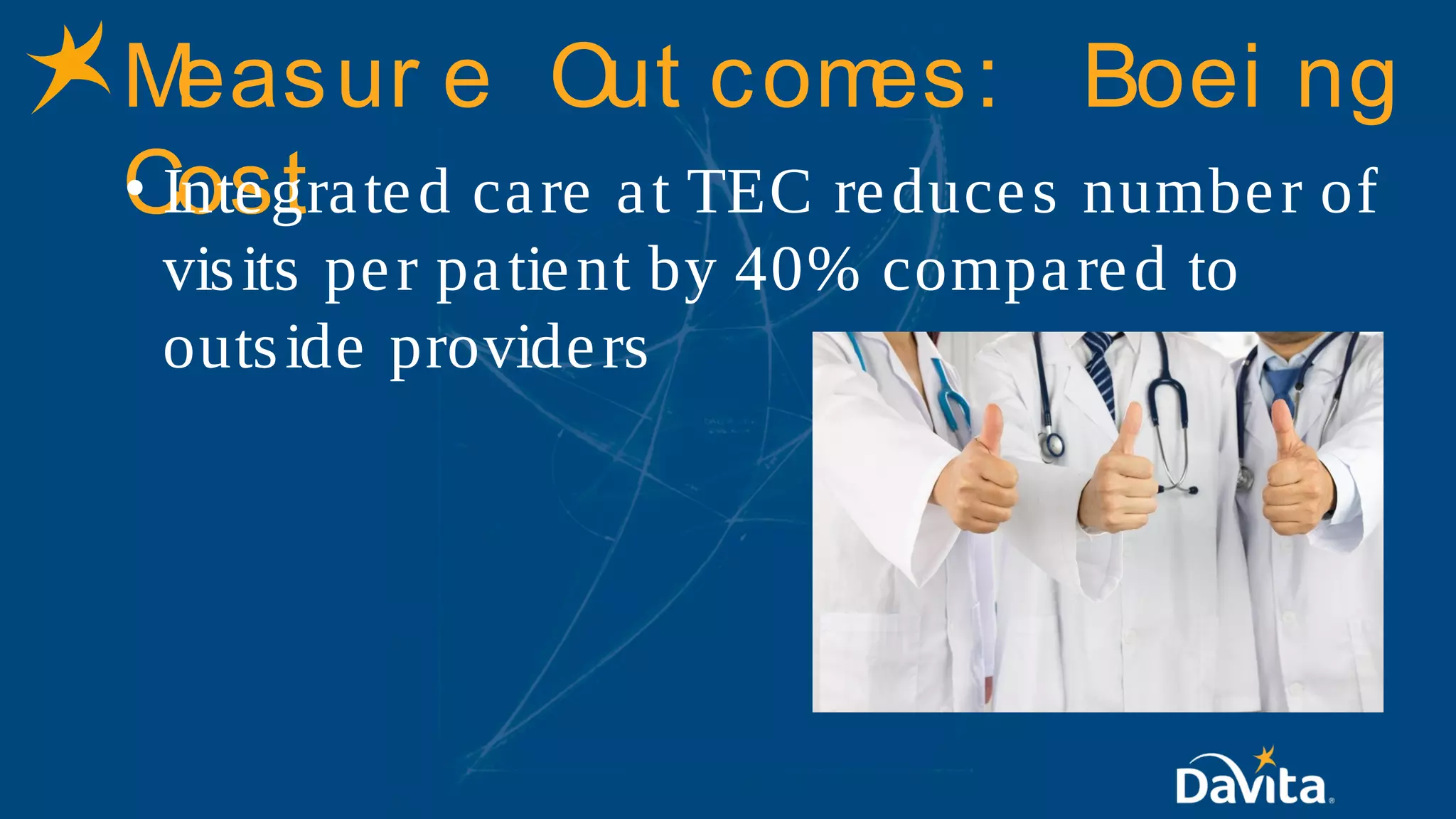 Measur e Out comes: Boei ng
Cost• Integrated care at TEC reduces number of
visits per patient by 40% compared to
outside providers
 