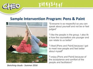Sample Intervention Program: Pens & Paint
Sketching clouds - Summer 2016
"Everyone is so respectful so you can 
speak about yourself and not be or feel
judged“
"I like the people in the group. I also lik
e how the counsellors are younger and 
can relate to us better" 
"I liked [Pens and Paint] because I got 
to meet new people and feel better 
about myself" 
"I enjoy [Pens and Paint] because of 
the acceptance and comfort of the 
people and facilitators"
 