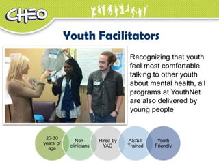Youth Facilitators
Recognizing that youth 
feel most comfortable 
talking to other youth 
about mental health, all 
programs at YouthNet 
are also delivered by 
young people
 
