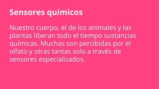 Sensores químicos
Nuestro cuerpo, el de los animales y las
plantas liberan todo el tiempo sustancias
químicas. Muchas son percibidas por el
olfato y otras tantas solo a través de
sensores especializados.
 