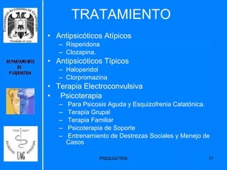 TRATAMIENTO  Antipsicóticos Atípicos  Risperidona Clozapina. Antipsicóticos Típicos Haloperidol Clorpromazina Terapia Electroconvulsiva Psicoterapia Para Psicosis Aguda y Esquizofrenia Catatónica.  Terapia Grupal Terapia Familiar Psicoterapia de Soporte Entrenamiento de Destrezas Sociales y Menejo de Casos 