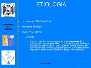 ETIOLOGÍA La causa es DESCONOCIDA. Probables Etiologías: MULTIFACTORIAL Genética Gen en cuestión se encuentra en el  cromosoma 22  y codifica para la proteína  WKL 1 . La función exacta de esta proteína es desconocida, pero muestra ciertas similitudes con los canales iónicos que participan en la transmisión de impulsos eléctricos en el cerebro, según los científicos. 
