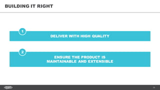 16
BUILDING IT RIGHT
DELIVER WITH HIGH QUALITY
1
ENSURE THE PRODUCT IS
MAINTAINABLE AND EXTENSIBLE
2
 