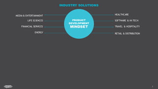 3
INDUSTRY SOLUTIONS
MEDIA & ENTERTAINMENT
FINANCIAL SERVICES
LIFE SCIENCES
ENERGY RETAIL & DISTRIBUTION
TRAVEL & HOSPITALITY
SOFTWARE & HI-TECH
HEALTHCARE
PRODUCT
DEVELOPMENT
MINDSET
 