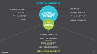 4
INDUSTRY SOLUTIONS
MEDIA & ENTERTAINMENT
FINANCIAL SERVICES
LIFE SCIENCES
ENERGY RETAIL & DISTRIBUTION
TRAVEL & HOSPITALITY
SOFTWARE & HI-TECH
HEALTHCARE
BUSINESS PRACTICES
DIGITAL ENGAGEMENT
CORE PRODUCT ENGINEERING
INTELLIGENT ENTERPRISE
ADVANCED TECHNOLOGY
PRODUCT
DEVELOPMENT
MINDSET
CORE
PRODUCT
ENGINEERING
 