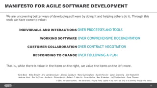 50
We are uncovering better ways of developing software by doing it and helping others do it. Through this
work we have come to value:
That is, while there is value in the items on the right, we value the items on the left more.
Kent Beck – Mike Beedle – Arie van Bennekum – Alistair Cockburn – Ward Cunningham – Martin Fowler – James Grenning – Jim Highsmith
Andrew Hunt – Ron Jeffries – Jon Kern – Brian Marick – Robert C. Martin – Steve Mellor – Ken Schwaber – Jeff Sutherland – Dave Thomas
© 2001, the above authors – this declaration may be freely copied in any form, but only in its entirety through this notice.
MANIFESTO FOR AGILE SOFTWARE DEVELOPMENT
INDIVIDUALS AND INTERACTIONS OVER PROCESSES AND TOOLS
RESPONDING TO CHANGE OVER FOLLOWING A PLAN
CUSTOMER COLLABORATION OVER CONTRACT NEGOTIATION
WORKING SOFTWARE OVER COMPREHENSIVE DOCUMENTATION
 