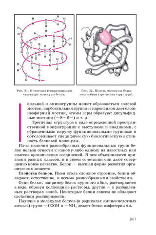 Рис. 51. Вторичная (спиралевидная) Рис. 52. Модель молекулы белка
структура молекулы белка. миоглобина (третичная структура).
сильной и аминогруппы может образоваться солевой
мостик, карбоксильная группа с гидроксилом дает слож­
ноэфирный мостик, атомы серы образуют дисульфид-
ные мостики (—S—S—) и т. д.
Третичная структура в виде определенной простран­
ственной конфигурации с выступами и впадинами, с
обращенными наружу функциональными группами и
обусловливает специфическую биологическую актив­
ность белковой молекулы.
Из-за наличия разнообразных функциональных групп бе­
лок нельзя отнести к какому-либо одному из известных нам
классов органических соединений. В нем объединяются при­
знаки разных классов, и в своем сочетании они дают совер­
шенно новое качество. Белок — высшая форма развития орга­
нических веществ.
Свойства белков. Имея столь сложное строение, белки об­
ладают, естественно, и весьма разнообразными свойствами.
Одни белки, например белок куриного яйца, растворяются
в воде, образуя коллоидные растворы, другие — в разбавлен­
ных растворах солей. Некоторые белки совсем не обладают
свойством растворимости.
Наличие в молекулах белков (в радикалах аминокислотных
звеньев) групп —COOH и —NH2 делает белки амфотерными.
207
 