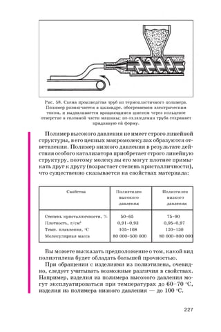 Рис. 58. Схема производства труб из термопластичного полимера.
Полимер размягчается в цилиндре, обогреваемом электрическим
током, и выдавливается вращающимся шнеком через кольцевое
отверстие в головной части машины; по охлаждении труба сохраняет
приданную ей форму.
П о л и м е р в ы с о к о г о д а в л е н и я н е и м е е т с т р о г о л и н е й н о й
с т р у к т у р ы , в е г о ц е п н ы х м а к р о м о л е к у л а х о б р а з у ю т с я о т ­
в е т в л е н и я . П о л и м е р н и з к о г о д а в л е н и я в р е з у л ь т а т е д е й ­
с т в и я о с о б о г о к а т а л и з а т о р а п р и о б р е т а е т с т р о г о л и н е й н у ю
с т р у к т у р у , п о э т о м у м о л е к у л ы е г о м о г у т п л о т н е е п р и м ы ­
к а т ь д р у г к д р у г у ( в о з р а с т а е т с т е п е н ь к р и с т а л л и ч н о с т и ) ,
ч т о с у щ е с т в е н н о с к а з ы в а е т с я н а с в о й с т в а х м а т е р и а л а :
Свойства Полиэтилен Полиэтилен
высокого низкого
давления давления
Степень кристалличности, % 50-65 75-90
Плотность, г/см3 0,91-0,93 0,95-0,97
Темп. плавления, оС 105-108 120-130
Молекулярная масса 80 000-500 000 80 000-800 000
В ы м о ж е т е в ы с к а з а т ь п р е д п о л о ж е н и е о т о м , к а к о й в и д
п о л и э т и л е н а б у д е т о б л а д а т ь б о л ь ш е й п р о ч н о с т ь ю .
П р и о б р а щ е н и и с и з д е л и я м и и з п о л и э т и л е н а , о ч е в и д ­
н о , с л е д у е т у ч и т ы в а т ь в о з м о ж н ы е р а з л и ч и я в с в о й с т в а х .
Н а п р и м е р , и з д е л и я и з п о л и м е р а в ы с о к о г о д а в л е н и я м о ­
г у т э к с п л у а т и р о в а т ь с я п р и т е м п е р а т у р а х д о 6 0 - 7 0 о С ,
и з д е л и я и з п о л и м е р а н и з к о г о д а в л е н и я — д о 1 0 0 о С .
227
 