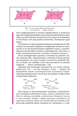 Рис. 15. цис-транс-Изомерия бутена-2:
А — цис-изомер; Б — транс-изомер.
ной конфигурации не может превратиться в молекулу
другой конфигурации (без дополнительной затраты энер­
гии), и если получить молекулы того и другого строения,
то это будут уже два разных вещества, изомерных друг
другу.
В отличие от структурной изомерии данный вид ее обу­
словлен не разным порядком соединения атомов в моле­
кулах и не местоположением двойной связи, а различ­
ным расположением атомов в пространстве. Это один из
видов пространственной изомерии (стереоизомерии).
Если замещающие группы в изомере (в данном слу­
чае группы CH3 , замещающие в этилене атомы водоро­
да) находятся по одну сторону плоскости двойной свя­
зи, то будет цис-изомер, если они находятся по разные
стороны — транс-изомер (рис. 15).
Данный вид изомерии называется цис-транс-изоме-
рией (лат. cis — по эту сторону, trans — через). Он
называется также геометрической изомерией. Струк­
турными формулами такой вид изомерии изображают
следующим образом:
H3C4 /CH3 h3Cx /H
>C=C< > C=C^
H XH H XCH3
цис-Изомер транс-Изомер
(темп. пл. -1 3 8 ,9 оС, (темп. пл. -1 0 5 ,5 оС,
темп. кип. 3,7оС) темп. кип. 0,9оС)
Как видно из рассмотренного примера, геометричес­
кая изомерия появляется тогда, когда в молекуле каж­
дый из атомов углерода, соединенных двойной связью,
в свою очередь, связан с двумя разными атомами или
группами атомов. Если же какой-либо из атомов угле­
рода при двойной связи соединен не с разными, а с оди-
52
 