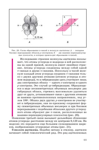 Рис. 20. Схема образования p-связей в молекуле ацетилена: А — попарное
боковое перекрывание облаков р-электронов; Б — две взаимно перпендикуляр­
ные плоскости, в которых происходит образование p-связей.
Исследование строения молекулы ацетилена показы­
вает, что атомы углерода и водорода в ней расположе­
ны на одной прямой, молекула имеет линейное строе­
ние. Атомы углерода соединены между собой одной
ст-связью и двумя p-связями. Поскольку в такой моле­
куле каждый атом углерода соединен ст-связями толь­
ко с двумя другими атомами (атомом углерода и ато­
мом водорода), то в гибридизации здесь участвуют лишь
два электронных облака — одного s-электрона и одного
р-электрона. Это случай sp-гибридизации. Образующи­
еся в виде несимметричных объемных восьмерок два
гибридных облака, стремясь максимально удалиться
друг от друга, устанавливают связи с другими атомами
во взаимно противоположных направлениях, под уг­
лом 180°. Облака двух других р-электронов не участву­
ют в гибридизации, они по-прежнему сохраняют фор­
му симметричных объемных восьмерок и при боковом
перекрывании с подобными облаками другого углерод­
ного атома образуют две p-связи, расположенные во
взаимно перпендикулярных плоскостях (рис. 2 0 ).
Появление третьей связи вызывает дальнейшее сближение
атомов углерода: расстояние между их центрами 0,120 нм. На
моделях это передается еще большим сплющиванием шари­
ков, изображающих углеродные атомы (рис. 2 1 ).
Гомологи ацетилена. Подобно метану и этилену, ацетилен
начинает собой гомологический ряд. Это ряд ацетиленовых
69
 