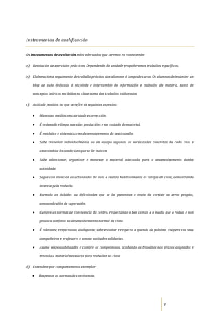 Instrumentos de cualificación


Os instrumentos de avaliación máis adecuados que teremos en conta serán:

a) Resolución de exercicios prácticos. Dependendo da unidade propoñeremos traballos específicos.

b) Elaboración e seguimento do traballo práctico dos alumnos ó longo do curso. Os alumnos deberán ter un

     blog de aula dedicado á recollida e intercambio de información e traballos da materia, tanto de

     conceptos teóricos recibidos na clase coma dos traballos elaborados.

c)   Actitude positiva no que se refire ós seguintes aspectos:

         Manexa o medio con claridade e corrección.

         É ordenado e limpo nas súas producións e no coidado do material.

         É metódico e sistemático no desenvolvemento do seu traballo.

         Sabe traballar individualmente ou en equipo segundo as necesidades concretas de cada caso e

         axustándose ás condicións que se lle indican.

         Sabe seleccionar, organizar e manexar o material adecuado para o desenvolvemento dunha

         actividade.

         Segue con atención as actividades da aula e realiza habitualmente as tarefas de clase, demostrando

         interese polo traballo.

         Formula as dúbidas ou dificultades que se lle presentan e trata de corrixir os erros propios,

         amosando afán de superación.

         Cumpre as normas de convivencia do centro, respectando o ben común e o medio que o rodea, e non

         provoca conflitos no desenvolvemento normal da clase.

         É tolerante, respectuoso, dialogante, sabe escoitar e respecta a quenda de palabra, coopera cos seus

         compañeiros e profesores e amosa actitudes solidarias.

         Asume responsabilidades e cumpre os compromisos, acabando os traballos nos prazos asignados e

         traendo o material necesario para traballar na clase.

d) Entendese por comportamento exemplar:

         Respectar as normas de convivencia.




                                                                                         9
 