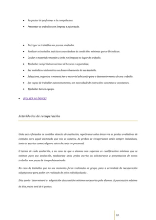 Respectar ós profesores e ós compañeiros.

        Presentar os traballos con limpeza e pulcritude.




        Entregar os traballos nos prazos sinalados.

        Realizar os traballos prácticos axuntándose ás condicións mínimas que se lle indican.

        Coidar o material e mantén a orde e a limpeza no lugar de traballo.

        Traballar cumprindo as normas de hixiene e seguridade.

        Ser metódico e sistemático no desenvolvemento do seu traballo.

        Selecciona, organiza e manexa ben o material adecuado para o desenvolvemento do seu traballo.

        Ser capaz de traballar autonomamente, sen necesidade de instrucións concretas e constantes.

        Traballar ben en equipo.


    [VOLVER AO ÍNDICE]




Actividades de recuperación




Unha vez reforzados os contidos obxecto de avaliación, repetiranse unha única vez as probas avaliativas de
contidos para aquel alumnado que nos as superou. As probas de recuperación serán sempre individuais,
tanto as escritas como calquera outra de carácter procesual.

O termo de cada avaliación, e no caso de que o alumno non superase as cualificacións mínimas que se
estiman para esa avaliación, realizarase unha proba escrita ou solicitaranse a presentación de novos
traballos nun prazo de tempo determinado.

No caso de traballos que no seu momento foron realizados en grupo, para a actividade de recuperación
adaptaranse para poder ser realizado de xeito individualizado .

Dita proba determinará a adquisición dos contidos mínimos necesarios polo alumno. A puntuación máxima

de dita proba será de 6 puntos.




                                                                                         10
 