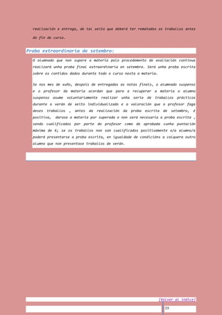 realización e entrega, de tal xeito que deberá ter rematados os traballos antes

  do fin de curso.


Proba extraordinaria de setembro:
  O alumnado que non supere a materia polo procedemento de avaliación continua
  realizará unha proba final extraordinaria en setembro. Será unha proba escrita
  sobre os contidos dados durante todo o curso nesta a materia.

  Se nos mes de xuño, despois de entregadas as notas finais, o alumnado suspenso
  e o profesor da materia acordan que para a recuperar a materia o alumno
  suspenso asume voluntariamente         realizar unha serie       de traballos prácticos
  durante o verán de xeito individualizado e a valoración que o profesor faga
  deses   traballos   ,   antes   da   realización   da   proba   escrita   de   setembro,   é
  positiva,   darase a materia por superada e non será necesaria a proba escrita ,
  sendo cualificados por parte do profesor como de aprobada cunha puntación
  máxima de 6; se os traballos non son cualificados positivamente o/a alumno/a
  poderá presentarse a proba escrita, en igualdade de condicións a calquera outro
  alumno que non presentase traballos de verán.




                                                                        [Volver al índice]

                                                                            15
 