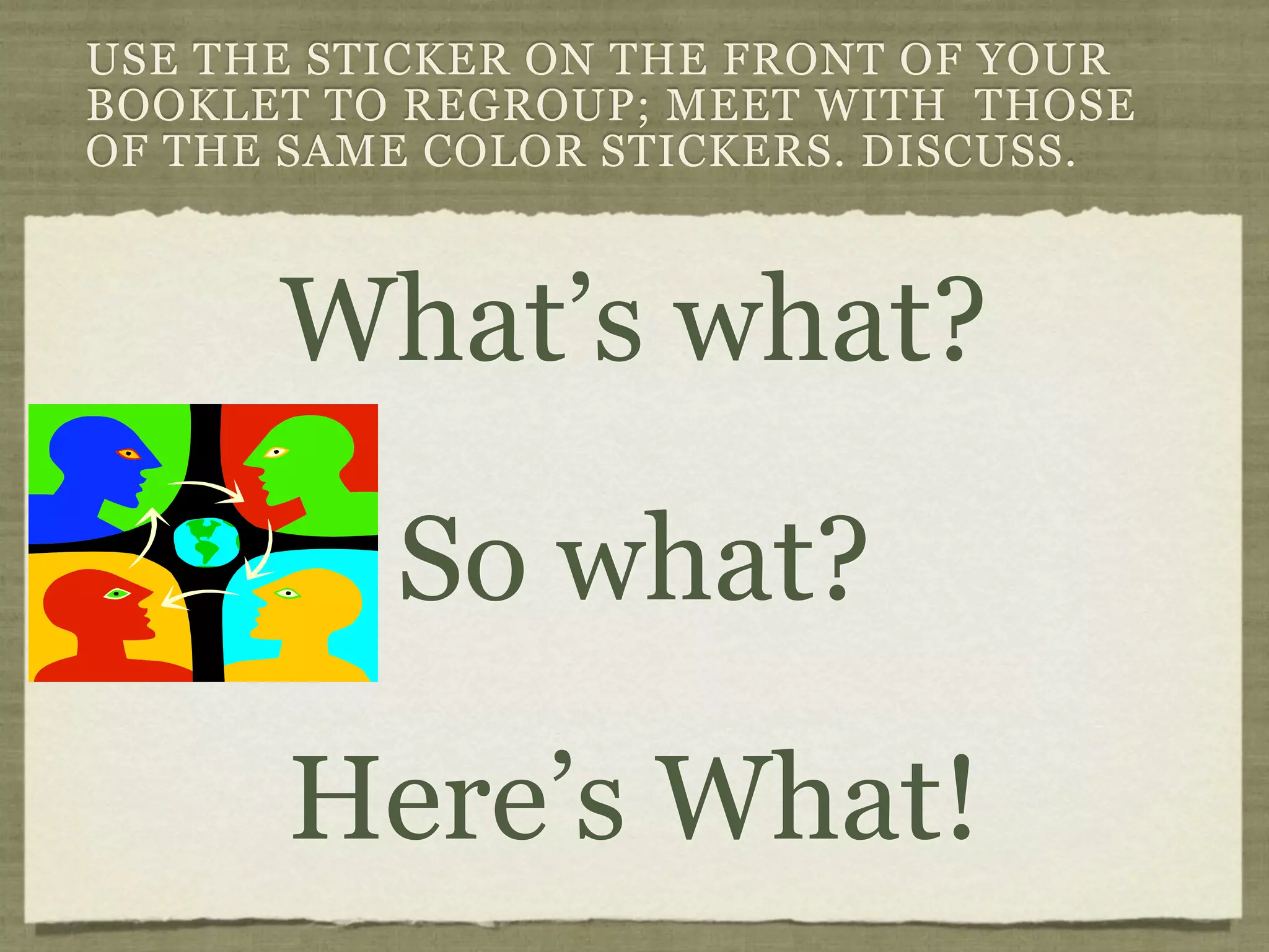 USE THE STICKER ON THE FRONT OF YOUR
BOOKLET TO REGROUP; MEET WITH THOSE
OF THE SAME COLOR STICKERS. DISCUSS.



      What’s what?

          So what?

      Here’s What!
 