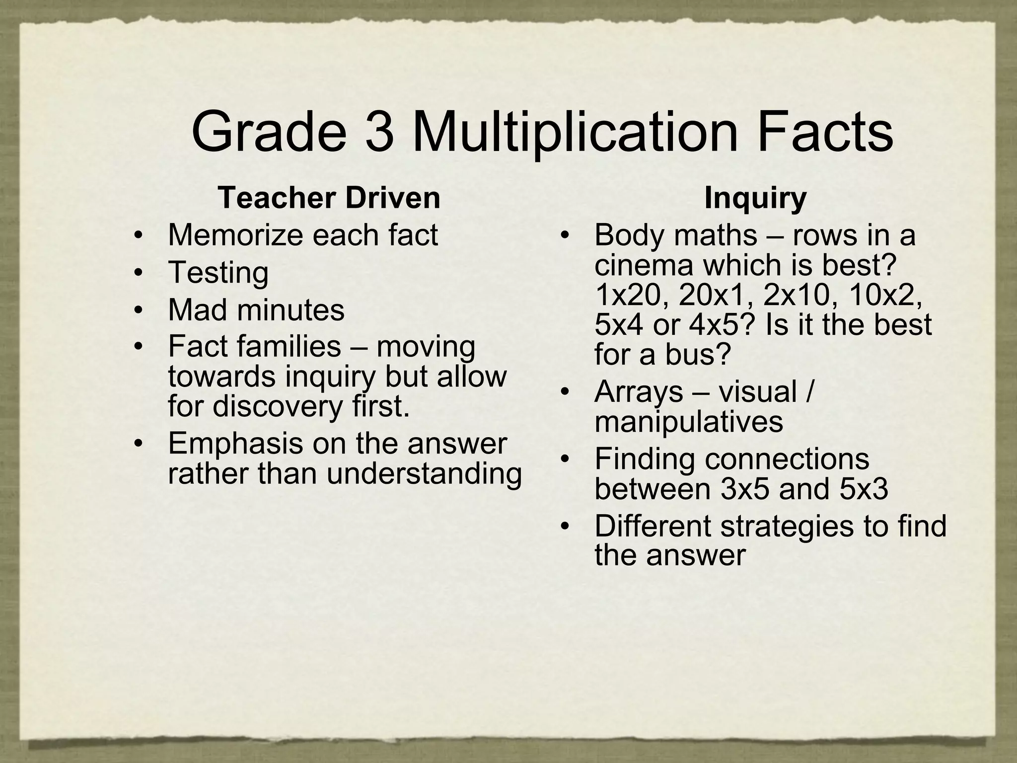 Grade 3 Multiplication Facts
         Teacher Driven                       Inquiry
•    Memorize each fact          •    Body maths – rows in a
•    Testing                          cinema which is best?
•    Mad minutes                      1x20, 20x1, 2x10, 10x2,
                                      5x4 or 4x5? Is it the best
•    Fact families – moving           for a bus?
     towards inquiry but allow   •    Arrays – visual /
     for discovery first.             manipulatives
•    Emphasis on the answer      •    Finding connections
     rather than understanding
                                      between 3x5 and 5x3
                                 •    Different strategies to find
                                      the answer
 