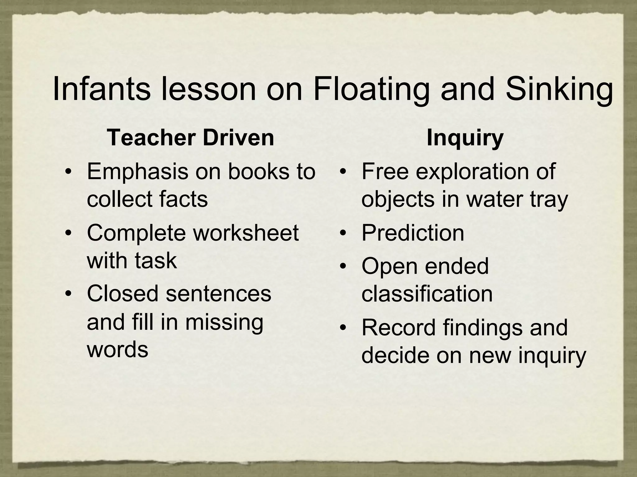 Infants lesson on Floating and Sinking
     Teacher Driven                   Inquiry
•  Emphasis on books to   •    Free exploration of
   collect facts               objects in water tray
•  Complete worksheet     •    Prediction
   with task              •    Open ended
•  Closed sentences            classification
   and fill in missing    •    Record findings and
   words                       decide on new inquiry
 