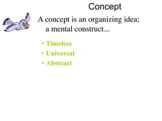 Concept
A concept is an organizing idea;
  a mental construct...
 • Timeless
 • Universal
 • Abstract
 