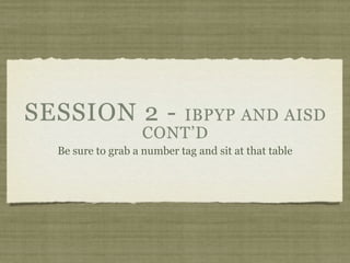 SESSION 2 -            IBPYP AND AISD
                    CONT’D
  Be sure to grab a number tag and sit at that table
 
