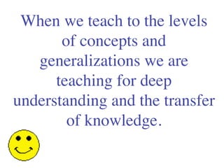 When we teach to the levels
       of concepts and
   generalizations we are
      teaching for deep
understanding and the transfer
        of knowledge.
 