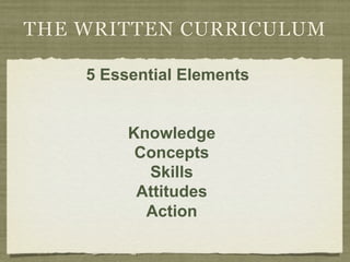 THE WRITTEN CURRICULUM

    5 Essential Elements


         Knowledge
          Concepts
           Skills
          Attitudes
           Action
 
