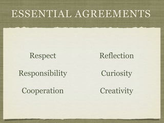 ESSENTIAL AGREEMENTS



    Respect       Reflection

 Responsibility   Curiosity

 Cooperation      Creativity
 
