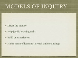 MODELS OF INQUIRY


Direct the inquiry

Help justify learning tasks

Build on experiences

Makes sense of learning to reach understandings
 