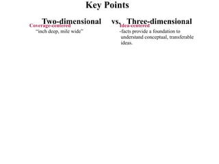Key Points
     Two-dimensional
Coverage-centered
                                vs.Idea-centered
                                      Three-dimensional
  “inch deep, mile wide”          -facts provide a foundation to
                                   understand conceptual, transferable
                                   ideas.
 