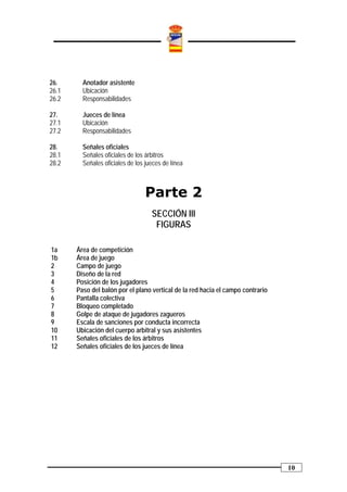 26.      Anotador asistente
26.1     Ubicación
26.2     Responsabilidades

27.      Jueces de línea
27.1     Ubicación
27.2     Responsabilidades

28.      Señales oficiales
28.1     Señales oficiales de los árbitros
28.2     Señales oficiales de los jueces de línea



                                 Parte 2
                                    SECCIÓN III
                                     FIGURAS

1a     Área de competición
1b     Área de juego
2      Campo de juego
3      Diseño de la red
4      Posición de los jugadores
5      Paso del balón por el plano vertical de la red hacia el campo contrario
6      Pantalla colectiva
7      Bloqueo completado
8      Golpe de ataque de jugadores zagueros
9      Escala de sanciones por conducta incorrecta
10     Ubicación del cuerpo arbitral y sus asistentes
11     Señales oficiales de los árbitros
12     Señales oficiales de los jueces de línea




                                                                                 10
 