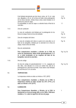 Está limitada lateralmente por dos líneas cortas, de 15 cm. cada     1.3.2
        una, dibujadas a 20 cm. de la línea de fondo como prolongación       Fig. 1b
        de las líneas laterales. Ambas líneas cortas están incluidas en el
        ancho de la zona de saque.
        En profundidad, la zona de saque se extiende hasta el final de la    1.1
        zona libre.

1.4.3   Zona de sustitución

        La zona de sustitución está limitada por la prolongación de las      1.3.4
        líneas de ataque hasta la mesa del anotador.                         Fig. 1b

1.4.4   Zona de reemplazo del Líbero                                         19.3.2.4

        La zona de reemplazo del Líbero es parte de la zona libre en el      Fig. 1b
        lado de los banquillos, limitada por la extensión de la línea de
        ataque, hasta la línea de fondo.

1.4.5   Área de calentamiento

        Para competiciones mundiales y oficiales de la FIVB, las             Fig. 1a y 1b
        zonas de calentamiento, deben medir aproximadamente 3 x 3
        m., y están localizadas en las esquinas del lado de los
        banquillos, fuera de la zona libre.

1.4.6   Área de castigo

        Un área de castigo, de aproximadamente 1 x 1 m., equipada con        Fig. 1a y 1b
        dos sillas, está ubicada en el área de control más allá de la
        prolongación de cada línea de fondo. Estas deben estar limitadas
        por una línea de 5 cm. de ancho.

1.5     TEMPERATURA

        La temperatura mínima no debe ser inferior a 10ºC (50ºF).

        Para competiciones mundiales y oficiales de la FIVB, la
        temperatura máxima no debe exceder los 25ºC (77ºF) y no
        debe ser inferior a 16ºC (61ºF).

1.6     ILUMINACIÓN

        Para Competiciones Mundiales y Oficiales de la FIVB, la              1
        iluminación en el área de juego debe ser de 1000 a 1500 luxes
        medidos a 1 m. sobre la superficie del área de juego.




                                                                                   19
 