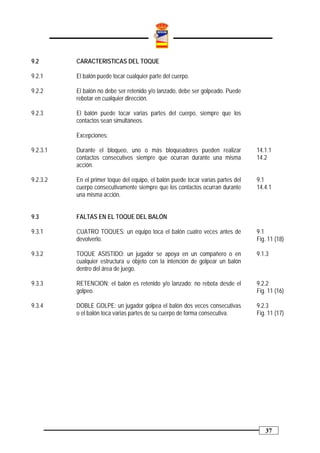 9.2       CARACTERISTICAS DEL TOQUE

9.2.1     El balón puede tocar cualquier parte del cuerpo.

9.2.2     El balón no debe ser retenido y/o lanzado, debe ser golpeado. Puede
          rebotar en cualquier dirección.

9.2.3     El balón puede tocar varias partes del cuerpo, siempre que los
          contactos sean simultáneos.

          Excepciones:

9.2.3.1   Durante el bloqueo, uno o más bloqueadores pueden realizar              14.1.1
          contactos consecutivos siempre que ocurran durante una misma            14.2
          acción.

9.2.3.2   En el primer toque del equipo, el balón puede tocar varias partes del   9.1
          cuerpo consecutivamente siempre que los contactos ocurran durante       14.4.1
          una misma acción.


9.3       FALTAS EN EL TOQUE DEL BALÓN

9.3.1     CUATRO TOQUES: un equipo toca el balón cuatro veces antes de            9.1
          devolverlo.                                                             Fig. 11 (18)

9.3.2     TOQUE ASISTIDO: un jugador se apoya en un compañero o en                9.1.3
          cualquier estructura u objeto con la intención de golpear un balón
          dentro del área de juego.

9.3.3     RETENCION: el balón es retenido y/o lanzado; no rebota desde el         9.2.2
          golpeo.                                                                 Fig. 11 (16)

9.3.4     DOBLE GOLPE: un jugador golpea el balón dos veces consecutivas          9.2.3
          o el balón toca varias partes de su cuerpo de forma consecutiva.        Fig. 11 (17)




                                                                                     37
 