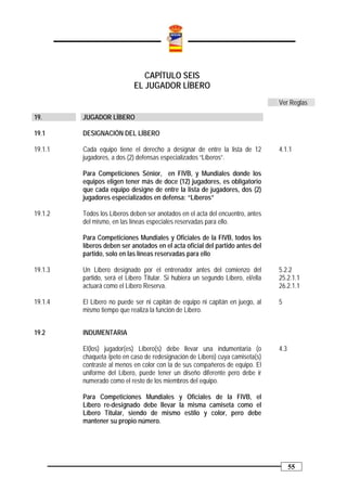 CAPÍTULO SEIS
                             EL JUGADOR LÍBERO
                                                                                  Ver Reglas

19.      JUGADOR LÍBERO

19.1     DESIGNACIÓN DEL LÍBERO

19.1.1   Cada equipo tiene el derecho a designar de entre la lista de 12          4.1.1
         jugadores, a dos (2) defensas especializados “Líberos”.

         Para Competiciones Sénior, en FIVB, y Mundiales donde los
         equipos eligen tener más de doce (12) jugadores, es obligatorio
         que cada equipo designe de entre la lista de jugadores, dos (2)
         jugadores especializados en defensa: “Líberos”

19.1.2   Todos los Líberos deben ser anotados en el acta del encuentro, antes
         del mismo, en las líneas especiales reservadas para ello.

         Para Competiciones Mundiales y Oficiales de la FIVB, todos los
         líberos deben ser anotados en el acta oficial del partido antes del
         partido, solo en las líneas reservadas para ello

19.1.3   Un Líbero designado por el entrenador antes del comienzo del             5.2.2
         partido, será el Líbero Titular. Si hubiera un segundo Líbero, el/ella   25.2.1.1
         actuará como el Líbero Reserva.                                          26.2.1.1

19.1.4   El Líbero no puede ser ni capitán de equipo ni capitán en juego, al      5
         mismo tiempo que realiza la función de Líbero.


19.2     INDUMENTARIA

         El(los) jugador(es) Líbero(s) debe llevar una indumentaria (o            4.3
         chaqueta /peto en caso de redesignación de Líbero) cuya camiseta(s)
         contraste al menos en color con la de sus compañeros de equipo. El
         uniforme del Líbero, puede tener un diseño diferente pero debe ir
         numerado como el resto de los miembros del equipo.

         Para Competiciones Mundiales y Oficiales de la FIVB, el
         Líbero re-designado debe llevar la misma camiseta como el
         Líbero Titular, siendo de mismo estilo y color, pero debe
         mantener su propio número.




                                                                                        55
 