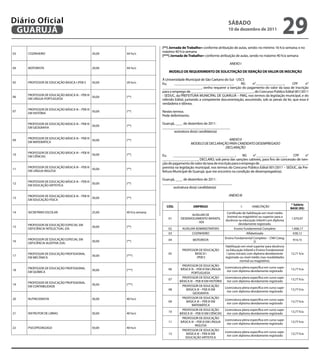 Diário Oficial
 GUARUJÁ
                                                                                                                        SÁbAdo
                                                                                                                        10 de dezembro de 2011
                                                                                                                                                                29
                                                                        (**) Jornada de Trabalho= conforme atribuição de aulas, sendo: no mínimo 16 h/a semana; e no
03   COZINHEIRO                                 20,00   44 hs/s
                                                                        máximo 40 h/a semana
                                                                        (***) Jornada de Trabalho= conforme atribuição de aulas, sendo no máximo 40 h/a semana

                                                                                                                         ANEXO I
04   MOTORISTA                                  20,00   44 hs/s
                                                                            ModELo dE REQUERIMENTo dE SoLICITAÇÃo dE ISENÇÃo dE VALoR dE INSCRIÇÃo

                                                                        À Universidade Municipal de São Caetano do Sul - USCS
05   PROFESSOR DE EDUCAÇÃO BASICA I (PEB I)     50,00   20 hs/s         Eu,     _________________________________,         RG    n°________________,        CPF      n°
                                                                        ______________________, venho requerer a isenção do pagamento do valor da taxa de inscrição
                                                                        para o emprego de ___________________________________, do Concurso Público Edital 001/2011
     PROFESSOR DE EDUCAÇÃO BÁSICA III – PEB III                         - SEDUC, da PREFEITURA MUNICIPAL DE GUARUJÁ – PMG, nos termos da legislação municipal, e do
06                                              50,00   (**)
     EM LÍNGUA PORTUGUESA                                               referido Edital, juntando a competente documentação, assumindo, sob as penas da lei, que essa é
                                                                        verdadeira e idônea.
     PROFESSOR DE EDUCAÇÃO BÁSICA III – PEB III
07
     EM HISTÓRIA
                                                50,00   (**)            Nestes termos
                                                                        Pede deferimento.

     PROFESSOR DE EDUCAÇÃO BÁSICA III – PEB III                         Guarujá, ____ de dezembro de 2011.
                                                50,00   (**)
     EM GEOGRAFIA                                                       ______________________________________
                                                                               assinatura do(a) candidato(a)
     PROFESSOR DE EDUCAÇÃO BÁSICA III – PEB III                                                                  ANEXO II
09                                              50,00   (**)
     EM MATEMÁTICA                                                                          MODELO DE DECLARAÇÃO PARA CANDIDATO DESEMPREGADO
                                                                                                               DECLARAÇÃO
     PROFESSOR DE EDUCAÇÃO BÁSICA III – PEB III
10                                              50,00   (**)            Eu,     ___________________________________,           RG   n°_________________,       CPF     n°
     EM CIÊNCIAS
                                                                        ____________________, DECLARO, sob pena das sanções cabíveis, para fins de concessão de isen-
                                                                        ção de pagamento do valor da taxa de inscrição para o emprego de ___________________________,
11
     PROFESSOR DE EDUCAÇÃO BÁSICA III – PEB III
                                                50,00   (**)            prevista na legislação municipal, nos termos do Concurso Público Edital 001/2011 – SEDUC, da Pre-
     EM LÍNGUA INGLESA                                                  feitura Municipal de Guarujá, que me encontro na condição de desempregado(a).

                                                                        Guarujá, ____ de dezembro de 2011.
     PROFESSOR DE EDUCAÇÃO BÁSICA III – PEB III
12                                              50,00   (**)            _______________________________________
     EM EDUCAÇÃO ARTISTICA
                                                                               assinatura do(a) candidato(a)

     PROFESSOR DE EDUCAÇÃO BÁSICA III – PEB III                                                                         ANEXO III
13                                              50,00   (**)
     EM EDUCAÇÃO FÍSICA
                                                                                                                                                                     * Salário
                                                                          CÓd.               EMPREGo                             1.      HABILITAÇÃO
                                                                                                                                                                     bASE (R$)
14   SECRETÁRIO ESCOLAR                         25,00   40 h/a semana                                                   Certificado de habilitação em nível médio
                                                                                          AUXILIAR DE
                                                                                                                        (normal ou magistério) ou superior para a
                                                                            01      DESENVOLVIMENTO INFANTIL                                                         1.070,97
                                                                                                                      docência na educação infantil com diploma
                                                                                              - ADI
     PROFESSOR DE EDUCAÇÃO ESPECIAL EM                                                                                           devidamente registrado.
15                                              30,00   (**)
     DEFICIÊNCIA INTELECTUAL (DI)                                           02       AUXILIAR ADMINISTRATIVO                  Ensino Fundamental Completo            1.006,17
                                                                            03             COZINHEIRO                                   Alfabetizado                  638,12
     PROFESSOR DE EDUCAÇÃO ESPECIAL EM                                                                                Ensino Fundamental Completo – CNH Categ.
16                                              30,00   (**)                04              MOTORISTA                                                                 914,15
     DEFICIÊNCIA AUDITIVA (DA)                                                                                                               D
                                                                                                                      Habilitação em nível superior para docência
                                                                                     PROFESSOR DE EDUCAÇÃO             na Educação Infantil e Ensino Fundamental
     PROFESSOR DE EDUCAÇÃO PROFISSIONAL                                     05              BASICA I                   I (anos iniciais) com diploma devidamente     12,71 h/a
17                                              30,00   (***)                                (PEB I)                  registrado ou nível médio (nas modalidades
     EM MECÂNICA
                                                                                                                                  normal ou magistério).
                                                                                     PROFESSOR DE EDUCAÇÃO
     PROFESSOR DE EDUCAÇÃO PROFISSIONAL                                                                               Licenciatura plena específica em curso supe-
18                                              30,00   (***)               06      BÁSICA III – PEB III EM LÍNGUA                                                   13,77 h/a
     EM QUÍMICA                                                                                                        rior com diploma devidamente registrado
                                                                                           PORTUGUESA
                                                                                     PROFESSOR DE EDUCAÇÃO            Licenciatura plena específica em curso supe-
                                                                            07                                                                                       13,77 h/a
     PROFESSOR DE EDUCAÇÃO PROFISSIONAL                                            BÁSICA III – PEB III EM HISTÓRIA    rior com diploma devidamente registrado
19                                              30,00   (***)                        PROFESSOR DE EDUCAÇÃO
     EM CONTABILIDADE                                                                                                 Licenciatura plena específica em curso supe-
                                                                            08         BÁSICA III – PEB III EM                                                       13,77 h/a
                                                                                                                       rior com diploma devidamente registrado
                                                                                             GEOGRAFIA
20   NUTRICIONISTA                              30,00   40 hs/s                      PROFESSOR DE EDUCAÇÃO
                                                                                                                      Licenciatura plena específica em curso supe-
                                                                            09         BÁSICA III – PEB III EM                                                       13,77 h/a
                                                                                                                       rior com diploma devidamente registrado
                                                                                            MATEMÁTICA
                                                                                     PROFESSOR DE EDUCAÇÃO            Licenciatura plena específica em curso supe-
                                                                            10                                                                                       13,77 h/a
21   INSTRUTOR DE LIBRAS                        50,00   40 hs/s                    BÁSICA III – PEB III EM CIÊNCIAS    rior com diploma devidamente registrado
                                                                                     PROFESSOR DE EDUCAÇÃO
                                                                                                                      Licenciatura plena específica em curso supe-
                                                                            11      BÁSICA III – PEB III EM LÍNGUA                                                   13,77 h/a
                                                                                                                       rior com diploma devidamente registrado
                                                                                               INGLESA
22   PSICOPEDAGOGO                              50,00   40 hs/s
                                                                                     PROFESSOR DE EDUCAÇÃO
                                                                                                                      Licenciatura plena específica em curso supe-
                                                                            12         BÁSICA III – PEB III EM                                                       13,77 h/a
                                                                                                                       rior com diploma devidamente registrado
                                                                                       EDUCAÇÃO ARTISTICA
 