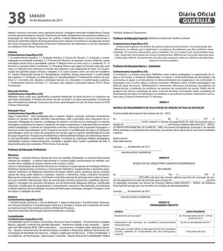 38                    SÁbAdo
                      10 de dezembro de 2011
                                                                                                                                                                                 Diário Oficial
                                                                                                                                                                                  GUARUJÁ
inteiros, racionais, irracionais, reais); operações básicas, contagem e princípio multiplicativos. Espaço   ( Receita, Despesa e Orçamento).
e Forma: geometria plana e espacial. Tratamento de Dados: fundamentos de estatística; análises e in-
terpretação de informações expressas em gráficos e tabela. Matemática e os temas transversais: o            Professor de Educação Especial (Deficiência Intelectual, Auditiva e Visual)
ensino da matemática dentro do atual panorama sócio-cultural e econômico e sua aplicação através
dos temas transversais. Matemática Financeira: Fundamentos da matemática: o uso da matemática               Conhecimentos Específicos (CE):
no cotidiano. PCN e Temas Transversais.                                                                        A Educação Especial no âmbito da política educacional brasileira. A escolarização dos
                                                                                                             diferentes: os saberes que a legitimam e as práticas disciplinares que lhe conferem mate-
Ciências                                                                                                    rialidade. Os recursos necessários para o trabalho com as crianças com necessidades espe-
Conhecimentos Específicos (CE):                                                                              ciais. Diretrizes Curriculares do Ensino Fundamental. Referencial Curricular Nacional para
1. O conhecimento científico: 1.1. Evolução histórica. 2. Ensino de Ciências: 2.1. Evolução e contex-         a Educação Infantil. Fundamentos da educação especial; práticas e dilemas da educação
tualização na sociedade brasileira; 2.2. O ensino de Ciências e as questões sociais: ambiente, saúde,                                          especial na escola pública.
orientação sexual, ética e pluralidade cultural. 3. Relação entre os seres vivos e o ambiente: 3.1. O
homem e a sua ação sobre o ambiente; 3.2. Princípios básicos que regem as funções vitais dos seres          Professor de Educação básica I – Substituto
vivos; 3.3. Relação entre estruturas e funções dos sistemas e suas adaptações ao meio; 3.4. Caracte-
rização dos grandes grupos animais e vegetais. 4. O corpo humano como um todo em equilíbrio:                Conhecimentos Específicos (CE):
4.1. Saúde e Orientação Sexual; 4.2. Desequilíbrios: endemias, drogas, desnutrição. 5. Continuidade         A instituição e o projeto educativo. Reflexões sobre prática pedagógica: a organização do es-
das espécies: 5.1. Evolução; 5.2. Reprodução; 5.3. Hereditariedade. 6. Fundamentos teóricos da Quí-         paço e do tempo: o ambiente alfabetizador. A criança: o desenvolvimento da identidade e da
mica: 6.1. Conceitos, leis, relações e princípios básicos; 6.2. Interações e transformações químicas.       autonomia; os jogos e as brincadeiras no desenvolvimento da imaginação e da criatividade. A
7. Fundamentos teóricos da Física: 7.1. Conceitos, leis, relações e princípios básicos; PCN e Temas         linguagem oral e escrita: idéias e práticas correntes. Reflexões sobre a prática pedagógica nas
Transversais.                                                                                               diversas áreas de ensino. Alfabetização e letramento: diferenças conceituais; psicogênese da
                                                                                                            língua escrita; a mediação do professor no processo de construção da escrita. Prática de lin-
Educação Artística                                                                                          guagem oral, leitura e produção de texto. Conceito de texto. Concepções sobre a avaliação do
Conhecimentos Específicos (CE):                                                                             desempenho do aluno. A matemática no cotidiano e nas práticas escolares. Parâmetros Curricu-
Reflexões sobre a arte, seus significados e possíveis definições. As obras de arte e os contextos em        lares para o Ensino Fundamental (10 volumes)
que foram produzidas. A história do ensino da arte no Brasil e os novos pressupostos. O ensino da
arte e formação do professor. O processo de ensino-aprendizagem em arte. As artes visuais e os PCN                                                          ANEXO II
e Temas Transversais.
                                                                                                            ModELo dE REQUERIMENTo dE SoLICITAÇÃo dE ISENÇÃo dE TAXA dE INSCRIÇÃo
Educação Física
Conhecimentos Específicos (CE):                                                                             À Universidade Municipal de São Caetano do Sul - USCS
Jogos Cooperativos - Uma pedagogia para o esporte: Origem, evolução, primeiros movimentos,
história no mundo e no Brasil, conceito, características, visão e princípios sócio educativos da co-        Eu,       _________________________________,      RG     n°________________,          CPF      n°
operação. Pedagogia do esporte, o pedagogo do esporte, consciência da cooperação no esporte,                ______________________, venho requerer a isenção do pagamento do valor da inscrição para a
ensinagem cooperativa do esporte, categorias dos jogos cooperativos. A educação física no projeto           função de ___________________________________, do Processo Seletivo Edital 003/2011 - SEDUC,
político pedagógico: Contexto do componente curricular, a educação física enquanto linguagem, o             da PREFEITURA MUNICIPAL DE GUARUJÁ – PMG, nos termos da legislação municipal, e do referido
processo ensino aprendizagem na EF. O esporte na escola: A sociabilização do jogo e do desporto,            Edital, juntando a competente documentação, assumindo, sob as penas da lei, que essa é verdadeira
aprendizagem social no ensino dos desportos nas escolas, jogo ou esporte, metodologia do ensino             e idônea.
dos jogos esportivos. Princípios da atividade física: Individualidade biológica, da sobrecarga crescen-
te, da especificidade, continuidade, reversibilidade. Conteúdos de orientação didático pedagógica.          Nestes termos
Habilidades motoras e desenvolvimento. Atividade e aptidão física. Saúde e qualidade de vida. O             Pede deferimento.
desenvolvimento dos conteúdos. PCN e Temas Transversais.
                                                                                                            Guarujá, ____ de dezembro de 2011.
Professor de Educação Profissional                                                                          _______________________________________
                                                                                                                   assinatura do(a) candidato(a)
Mecânica
Metrologia – conceitos básicos: Noções de erros nas medidas, finalidades no controle dimensional,                                                           ANEXO III
sistemas de unidades – o sistema internacional e o sistema inglês, transformação de medidas, con-
versões entre unidades do mesmo sistema e de um para o outro. ‘’                                                                MODELO DE DECLARAÇÃO PARA CANDIDATO DESEMPREGADO
Leitura e interpretação de desenhos técnicos em mecânica e noções básicas de instalação elétrica e
eletrônica. Equipamentos, acessórios e instrumentos hidráulicos. Equipamentos e acessórios pneu-                                                          DECLARAÇÃO
máticos. Elementos de Máquinas: elementos de fixação (rebites, pinos, parafusos, porcas, arruelas,
cálculo de roscas, anéis elásticos e chavetas), mancais e rolamentos, molas, conjuntos mecânicos.           Eu,    ___________________________________,         RG     n°_________________,     CPF      n°
Motores de combustão interna – ciclo Diesel e ciclo Otto; sistemas de admissão de ar; turbo compres-        ____________________, DECLARO, sob pena das sanções cabíveis, para fins de concessão de isen-
sor e pós resfriador. Manutenção: tipos de manutenção (corretiva, preventiva e preditiva), desmon-          ção de pagamento do valor da inscrição para a função de ___________________________, prevista
tagem e montagem de conjuntos mecânicos, uso de ferramentas. Máquinas elétricas. Lubrificação               na legislação municipal, nos termos do Processo Seletivo Edital 003/2011 – SEDUC, da Prefeitura
industrial e lubrificação de equipamentos e componentes mecânicos. Normalização: normalização               Municipal de Guarujá, que me encontro na condição de desempregado(a).
no Brasil, objetivos da normalização. Processos de fabricação: laminação, usinagem, fresagem, corte
de chapas e soldagem de meais.                                                                              Guarujá, ____ de dezembro de 2011.
                                                                                                            _______________________________________
Química                                                                                                            assinatura do(a) candidato(a)
Conhecimentos Específicos (CE):
1. Transformações Químicas; 2. Uso de Materiais; 3. Água na Natureza; 4. Transformações Químicas:                                                      ANEXo IV
Um Processo Dinâmico; 5. Transformações Químicas e Energia; 6. Estudo dos Compostos de Carbo-                                                     CRoNoGRAMA PREVISTo
no; Química Geral; Físico-Química; Química Ambiental; Processos
Químicos Industriais; Mineralogia; Química Ambiental e Corrosão.                                             EVENTo                                                                     dATAS PRoVÁVEIS

Contabilidade                                                                                                Recebimento das Inscrições                                          de 19 de dezembro de 2011 a 04 de
Conhecimentos Específicos (CE):                                                                                                                                                            janeiro de 2012
Contabilidade Geral: Princípios, Convenções, Técnicas e Fatos Contábeis – Procedimentos contábeis            Recebimento das inscrições de candidatos economicamente              de 20 a 22 de dezembro de 2011
básicos, segundo o método das partidas dobradas – Patrimônio Líquido e suas variações – Opera-               hipossuficientes
ções com Mercadorias (RCM, CMV e Inventário) - Lançamentos contábeis sobre operações bancá-
                                                                                                             Publicação no Diário Oficial do Município da lista dos candidatos
rias – Ajustes e levantamento de demonstrações contábeis e financeiras (Balanço Patrimonial, De-             inscritos, podendo ser acompanhada pelo site www.guaruja.                 10 de janeiro de 2012
monstração do Resultado do Exercício) – Origens e Aplicações de Recursos – O Ativo Imobilizado e             sp.gov.br
os problemas de Amortização, Depreciação e Exaustão. Noções básicas de Contabilidade Pública
 