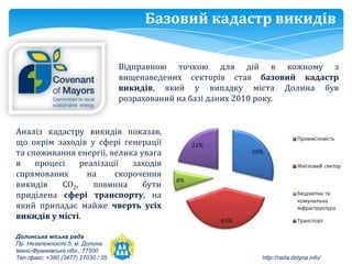Базовий кадастр викидів

                                    Відправною точкою для дій в кожному з
                                    вищенаведених секторів став базовий кадастр
                                    викидів, який у випадку міста Долина був
                                    розрахований на базі даних 2010 року.


Аналіз кадастру викидів показав,
що окрім заходів у сфері генерації
та споживання енергії, велика увага
в    процесі    реалізації   заходів
спрямованих       на     скорочення
викидів    СО2,    повинна     бути
приділена сфері транспорту, на
який припадає майже чверть усіх
викидів у місті.

Долинська міська рада
Пр. Незалежності 5, м. Долина,
Івано-Франківська обл., 77500
Тел./факс: +380 (3477) 27030 / 35                               http://rada.dolyna.info/
 