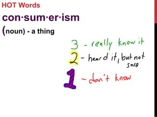 HOT Words
con·sum·er·ism
(noun) - a thing
 