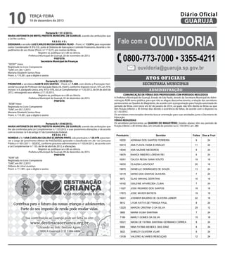 10

Diário Oficial
GUARUJÁ

terça-feira

10 de dezembro de 2013

Portaria N.º 3112/2013.MARIA ANTONIETA DE BRITO, PREFEITA MUNICIPAL DE GUARUJÁ, usando das atribuições que
a Lei lhe confere,
RESOLVE:
DESIGNAR o servidor LUIZ CARLOS MUSSA BARBERA FILHO – Pront. n.º 15.974, para responder
como Coordenador III (FG-S3), junto à Diretoria de Execução e Controle Financeiro, durante o impedimento do seu titular (Pront. n.º 11.527), por motivo de férias.
Registre-se, publique-se e dê-se ciência.
Prefeitura Municipal de Guarujá, 28 de novembro de 2013.
PREFEITA
Secretário Municipal de Finanças
“SEDEP” /mesr
Registrada no Livro Competente
“GAB”, em 28.11.2013
Mariana Elizabeth Santos Rosa
Pront. n.º 19.281, que a digitei e assino
Portaria N.º 3125/2013.PROMOVER a servidora JILDETE DOS SANTOS – Pront. n.º 7.489, com direito a Promoção Horizontal no cargo de Professor de Educação Básica III, nível E, conforme disposto no art. 973, art. 974,
incisos I e II, parágrafo único, arts. 975 e 976, da Lei Complementar n.º 135/2012, de 04 de abril de
2012, retroagindo seus efeitos à 17.10.2013.
Registre-se, publique-se e dê-se ciência.
Prefeitura Municipal de Guarujá, 05 de dezembro de 2013.
PREFEITA
“ADM”/mesr
Registrada no Livro Competente
“GAB”, em 05.12.2013
Mariana Elizabeth Santos Rosa
Pront. n.º 19.281, que a digitei e assino
Portaria N.º 3140/2013.MARIA ANTONIETA DE BRITO, PREFEITA MUNICIPAL DE GUARUJÁ, usando das atribuições que
lhe são conferidas pela Lei Complementar n.º 135/2012 e suas posteriores alterações, e de acordo
com os incisos I e II do artigo 37 da Constituição Federal,
RESOLVE:
NOMEAR a Sr.ª ANA CAROLINA GALINA SCARPONI PINTO, sob prontuário n.º 20.479, para exercer o cargo de provimento efetivo de PSICÓLOGO, aprovado e classificado em 26.º no Concurso
Público n.º 001/2011 – SEDESC, conforme processo administrativo n.º 10324/2012, de acordo com
a Lei Complementar n.º 135, de 04 de abril de 2012, e alterações.
Registre-se, publique-se e dê-se ciência.
Prefeitura Municipal de Guarujá, 09 de dezembro de 2013.
PREFEITA
“ADM”/dll
Registrada no Livro Competente
“GAB”, em 09.12.2013
Débora de Lima Lourenço
Pront. n.º 11.901, que a digitei e assino

Fale com a

Ouvidoria

0800-773-7000 • 3355-4211
ouvidoria@guaruja.sp.gov.br
Atos oficiais
secretaria municipais
administração
COMUNICAÇÃO DE FÉRIAS DOS PROFESSORES COM PERÍODOS REDUZIDOS
A Prefeitura Municipal de Guarujá, Estado de São Paulo, através da Secretaria Municipal de Administração-ADM torna público, para que não se alegue desconhecimento, a relação dos servidores
pertencentes ao Quadro do Magistério, de acordo com a programação para fruição autorizada do
período de férias com início em 02 de janeiro de 2014, os quais não têm direito às férias ou que
têm fruição inferior a 30 (trinta) dias devido à ocorrência de faltas, de acordo com o disposto na
LC 135/2012.
Os servidores mencionados deverão buscar orientação para suas atividades junto à Secretaria de
Educação.
FÉRIAS REDUZIDAS
Os servidores pertencentes ao QUADRO DO MAGISTÉRIO, listados abaixo, têm seu período de
fruição inferior a 30 (trinta) dias, em virtude do previsto na LC 135/2012, art. 280

Prontuário

Servidor

Faltas Dias a Fruir

16220

ADRIANA DOS SANTOS FERREIRA

9

24

16313

ANA FLAVIA VIANA B ARAUJO

11

24

15045

ANA NAZARE MEDEIROS

9

24

19678

BIANCA RIBEIRO LORENA REI

6

24

16351

CALICA REGIA GAMA SOUTO

19

18

16033

CLAUDIA LADVOCAT

20

18

19672

DANIELLE DOMINGUES DE SOUZA

13

24

16179

DARIO DOS SANTOS OLIVEIRA

7

24

9872

ELIAS MIKHAIL DERATANI

16

18

16162

GISLEINE APARECIDA Z LIMA

7

24

11027

JOSE RICARDO DOS SANTOS

18

18

17873

JOSE XAVIER BATISTA

19

18

16241

JOSIMAR BALBINO DE OLIVEIRA JUNIOR

22

18

9612

LYDIA KATYA DE FRANCA PAUL

8

24

13225

MARCIA CRISTINA O DA SILVA

29

12

3665

MARIA VILMA SANTANA

7

24

7169

MARLY GOMES DA SILVA

15

18

16321

NADIA DE FATIMA SANTANA GERMANO CORREA

8

24

5064

NINA FATIMA MENDES DIAS DINIZ

8

24

3623

SHIRLEY OLIVEIRA VILAR

6

24

13109

VALERIO ALVARES REBOUÇAS

12

24

 