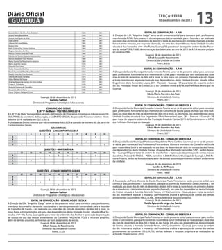 Diário Oficial
GUARUJÁ

terça-feira

10 de dezembro de 2013

Giselda Elaine Da Silva Reis Malafatti
Janete Netto Bassalobre
Jéssica Rodrigues da Silva
José Lutério
Juliana Da Costa Nobre
Karina Ortiz
Keila Cristina Dos Santos Sedano
Magno Celestino da Silva
Márcia Cristina Costa do Prado
Márcia dos Santos Siqueira Vasconcelos
Marcos Natanael Faria Ribeiro
Maria Gorete Do Nascimento Bezerra
Maria José Dos Santos
Orlando Dias Sales
Pedro Alexandre Da Silva
Roseli Aparecida Pires Rosa Alexandre
Rosely Alves Da Cruz Macedo
Tatiana De Souza Santana
Valter Batista De Souza
Virginia Aparecida Santos De Brito Lisboa
Carine B. Schnitzler
Andreia Santana de Carvalho
Ana Lúcia Othoni Faria
Lisete Salgado Marques Costa

1558
1559
1560
1561
1562
1563
1564
1565
1566
1567
1568
1569
1570
1571
1572
1573
1574
1575
1576
1577
1578
1579
1580
1581

EDITAL DE CONVOCAÇÃO – A.P.M.
A Direção da E.M. “Angelina Daige” serve-se do presente edital para convocar pais, professores,
membros da A.P.M., funcionários e demais pessoas da comunidade para a Reunião a ser realizada
aos onze dias do mês de dezembro de dois mil e treze, às dez horas, em primeira chamada e às dez
horas e trinta minutos, em segunda chamada, em uma das dependências desta Unidade Escolar,
situada à Rua Sorocaba, s/nº - Vila Áurea, Guarujá/SP, para tratar da seguinte ordem do dia: Recursos da verba PDDE/FNDE, demonstração dos balancetes ao ano de 2013 da A.P.M recurso próprio
e Convênio/PMG.
Guarujá, 06 de dezembro de 2013.
Cibeli Souza do Nascimento
Diretor(a) da Unidade de Ensino
Pront.: 8.335

001
001
001
001
001
001
001
001
001
001
001
001
001
001
001
001
001
001
001
001
001
001
001
001

EDITAL DE CONVOCAÇÃO – A.P.M.
A Direção da Escola Municipal Vereador Ernesto Pereira serve-se do presente edital para convocar
pais, professores, funcionários e os membros da A.P.M. para a reunião que será realizada aos doze
dias do mês de dezembro de dois mil e treze, às oito horas em primeira chamada e às oito horas
e trinta minutos em segunda chamada, nas dependências desta Unidade Escolar, situada à Rua
Engenheiro Sílvio Fernandes Lopes, 281 – Paecará – Guarujá - SP, para tratar da seguinte ordem
do dia: Prestação Anual de Contas/2013 do Convênio entre a A.P.M. e a Prefeitura Municipal do
Guarujá.
Guarujá, 09 de dezembro de 2013.
Sônia Maria Ferreira dos Reis
Diretora de Unidade de Ensino
Pront.: 3871

Guarujá, 06 de dezembro de 2013.
Luciana Salituri
Diretora de Programas Estratégicos Educacionais
COMUNICADO SEDUC
E.M “1º de Maio”- VESTIBULINHO 2014
A E.M “1º de Maio” torna público, através da Diretoria de Programas Estratégicos Educacionais (SEDUC/PROE) da Secretaria de Educação, o GABARITO OFICIAL da prova do Processo Seletivo - Vestibulinho 2014, realizada em 02/12/2013.
A Unidade de Ensino informa que foi considerada ANULADA a questão de número 30, da parte de
Conhecimentos Gerais.
GABARITO(S)
QUESTÕES – LÍNGUA PORTUGUESA
1
A
B
C
D

2

3

4
x

x
x

5

6

7

X
x

8

9
x

10

x
x

x

x

QUESTÕES – MATEMÁTICA
11
A
B
C
D

12

x

13

14
x

15
X

16
x

x

17

18

19
x

20

x

x
x

x

QUESTÕES – CONHECIMENTOS GERAIS
21
A
B
C
D

22

23

x

24

25

x

26

27
x

28

x

29

30

x

x
x

x

x

13

x

Guarujá, 09 de dezembro de 2013.
Luciana Salituri
Diretoria de Programas Estratégicos Educacionais
EDITAL DE CONVOCAÇÃO - CONSELHO DE ESCOLA
A Direção da E.M. “Angelina Daige” serve-se do presente edital para convocar pais, professores,
membros do conselho de escola, funcionários e demais pessoas da comunidade para a Reunião
de Conselho de Escola a ser realizada aos onze dias do mês de dezembro de dois mil e treze, às
nove horas e trinta minutos, em uma das dependências desta Unidade Escolar, situada à Rua Sorocaba, s/nº- Vila Áurea, Guarujá/SP, para tratar da ordem do dia: Análise e aprovação da prestação
de contas no uso das verbas provenientes do Convênio PMG/A.P.M, PDDE e recursos próprios,
além de demais assuntos pertinentes ao bom andamento da escola.
Guarujá, 06 de dezembro de 2013.
Cibeli Souza do Nascimento
Diretor(a) da Unidade de Ensino
Pront.: 8.335

EDITAL DE CONVOCAÇÃO – CONSELHO DE ESCOLA
A Direção da Escola Municipal Vereador Ernesto Pereira serve-se do presente edital para convocar
pais, professores, funcionários e os membros do Conselho de Escola para a reunião que será realizada aos doze dias do mês de dezembro de dois mil e treze, às oito horas, nas dependências desta
Unidade Escolar, situada à Rua Engenheiro Sílvio Fernandes Lopes, 281 – Paecará – Guarujá - SP,
para tratar da seguinte ordem do dia: Prestação Anual de Contas/2013 do Convênio entre a A.P.M.
e a Prefeitura Municipal do Guarujá.
Guarujá, 09 de dezembro de 2013.
Sônia Maria Ferreira dos Reis
Diretora de Unidade de Ensino
Pront.: 3871
EDITAL DE CONVOCAÇÃO - CONSELHO DE ESCOLA
A Direção da Escola Municipal Professora Magdalena Maria Cardoso Lourenço serve-se do presente edital para convocar Pais, Professores, Funcionários, Alunos e membros do Conselho de Escola
para Assembléia Geral a ser realizada no dia doze de dezembro de dois mil e treze, às dez horas,
nas dependências desta Unidade Escolar, situada à Rua Marivaldo Fernandes S/Nº - Jardim Tejereba – Guarujá/SP, para tratar da ordem do dia: Análise e Aprovação da prestação de contas no uso
das Verbas Federal do F.N.D.E. – PDDE, Convênio A.P.M./Prefeitura Municipal de Guarujá, A.P.M. Recurso Próprio, Verba da Acessibilidade, além de demais assuntos pertinentes ao bom andamento
da unidade.
Guarujá, 06 de dezembro de 2013
Sandra L. M. Passos
Diretora de Unidade de Ensino
Pront. 14887
EDITAL DE CONVOCAÇÃO – A.P.M.
A Associação de Pais e Mestres da Escola Municipal Paulo Freire serve-se do presente edital para
convocar pais, professores e funcionários para participarem da Assembléia Geral Ordinária a ser
realizada aos doze dias do mês de dezembro de dois mil e treze, às nove horas em primeira chamada e nove horas e trinta minutos em segunda chamada, em uma das dependências desta Unidade
de Ensino, situada à Avenida Tancredo Neves, s/nº Cachoeirinha - Guarujá, para tratar da ordem
do dia: informar e explicar a mudança da Presidente, análise e aprovação de contas das verbas
provenientes do convênio P.M.G./A.P.M., verbas federais e recursos próprios.
Guarujá, 09 de dezembro de 2013.
Neide Aparecida Jorge dos Santos
Diretora de Unidade de Ensino
Pront.:10.283
EDITAL DE CONVOCAÇÃO - CONSELHO DE ESCOLA
A Direção da Escola Municipal Paulo Freire serve-se do presente edital para convocar pais, professores e funcionários para participarem da Assembléia Geral Ordinária a ser realizada aos doze dias
do mês de dezembro de dois mil e treze, às dez horas, em uma das dependências desta Unidade
de Ensino, situada à Avenida Tancredo Neves, s/nº, Cachoeirinha - Guarujá, para tratar da ordem
do dia: informar e explicar a mudança da Presidente, análise e aprovação de contas das verbas
provenientes do convênio P.M.G./A.P.M., verbas federais e recursos próprios e as realizações da
ações do Projeto Gestor 2013.

 