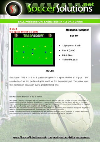 BALL POSSESSION: EXERCISES IN 1,2 OR 3 GRIDS


8 vs 4
In a space divided in 3 grids
                                                                                   Massimo Lucchesi ..
                                                                                         SET UP



                                                                          12 players - 1 ball

                                                                          8 vs 4 (total)

                                                                            Pitch Size:

                                                                            15x10 mt. (x3)




                                                      RULES


Description: This is a 8 vs 4 possession game in a space divided in 3 grids.                                   The
exercise is a 3 vs 1 in the lateral grids, and 2 vs 2 in the central grid. The yellow team
tries to maintain possession over a predetermined time.




Ball Possession: Exercises in 1,2 or 3 Grids.

Description: Dividing the playing field into sectors (individual grids) is important in order to convey the concepts of
organization and tactical discipline. In addition, it creates specific situations that the player will face in the game.
From a technical standpoint, the exercises have an important influence on the movements mostly utilized by the player
in the game: ball control upon reception, ball shielding, and passing skill.
Moreover, the “situation” exercises proposed are very effective in stimulating, from a tactical standpoint, the player’s
ability to best positioning himself with respect to ball’s and opponent’s position.
Finally, continuous alternation between attacking and defending situations forces the player to frequent adjustments
and ensures that the exercise is implemented with high concentration level and at high pace.




     www. o c r ou in .e : h b s s c e d isa dg me
        S c e S lt sn t t e e t o c r r l n a s
                   o                     l
 