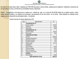 REGIONAL CUNDINAMARCA
                                            Centro de la Tecnología del Diseño y la Productividad Empresarial

El conjunto de estas áreas, están rodeadas por 576.9 M2 de parque y zonas verdes, usadas para la relajación, meditación y descanso de
los aprendices al inicio y al final de sus actividades físicas y deportivas.

Kiosco: Corresponde a una estructura en madera con cubierta de paja en un área de 45.36 M2 dotado de un tablero acrílico, cuatro
tomas electicos dobles y un sistema de iluminación, que garantiza el uso del mismo en la noche. Este ambiente es utilizado como
espacio para el desarrollo de actividades lúdico – formativas.

              Cuadro resumen de áreas deportivas en M2
                                     ITEM                         DESCRIPCION                              M2
                                   1           POLIDEPORTIVO "A"
                                   1.1         Cancha múltiple                                             870,81
                                   1.2         Graderías                                                    82,64
                                   1.3         Zona verde                                                   128,9
                                   2           POLIDEPORTIVO "B"
                                   2.1         Cancha múltiple                                             829,24
                                   2.2         Zona verde                                                    86,2
                                   3           CANCAHA DE FUTBOL
                                   3.1         Cancha                                                     2430,46
                                   3.2         Graderías descubiertas                                      177,38
                                   3.3         Graderías cubiertas                                           38,5
                                   3.4         Escaños cubiertos                                             30,1
                                   3.5         Zonas verdes                                                817,12
                                   4           GIMNASIO
                                   4.1         Zona húmeda                                                  59,76
                                   4.2         Oficina y bodega                                             38,51
                                   4.3         Zona de maquinas                                              90,3
                                   4.4         Parque y zonas verdes                                        576,9
                                   5           KIOSCO
                                   5.1         Zona efectiva                                                45,36
                                                       AREA DEPORTIVA TOTAL                               6302,18
 