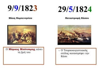 9/9/1823                  29/5/1824
 Μάχη Καρπενησίου                 Καταστροφή Κάσου




Ο Μάρκος Μπότσαρης χάνει   •   Ο Τουρκοαιγυπτιακός
       τη ζωή του              στόλος καταστρέφει την
                               Κάσο
 