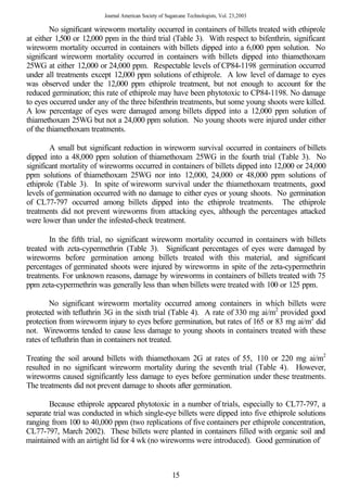 Journal American Society of Sugarcane Technologists, Vol. 23,2003

        No significant wireworm mortality occurred in containers of billets treated with ethiprole
at either 1,500 or 12,000 ppm in the third trial (Table 3). With respect to bifenthrin, significant
wireworm mortality occurred in containers with billets dipped into a 6,000 ppm solution. No
significant wireworm mortality occurred in containers with billets dipped into thiamethoxam
25WG at either 12,000 or 24,000 ppm. Respectable levels of CP84-1198 germination occurred
under all treatments except 12,000 ppm solutions of ethiprole. A low level of damage to eyes
was observed under the 12,000 ppm ethiprole treatment, but not enough to account for the
reduced germination; this rate of ethiprole may have been phytotoxic to CP84-1198. No damage
to eyes occurred under any of the three bifenthrin treatments, but some young shoots were killed.
A low percentage of eyes were damaged among billets dipped into a 12,000 ppm solution of
thiamethoxam 25WG but not a 24,000 ppm solution. No young shoots were injured under either
of the thiamethoxam treatments.

        A small but significant reduction in wireworm survival occurred in containers of billets
dipped into a 48,000 ppm solution of thiamethoxam 25WG in the fourth trial (Table 3). No
significant mortality of wireworms occurred in containers of billets dipped into 12,000 or 24,000
ppm solutions of thiamethoxam 25WG nor into 12,000, 24,000 or 48,000 ppm solutions of
ethiprole (Table 3). In spite of wireworm survival under the thiamethoxam treatments, good
levels of germination occurred with no damage to either eyes or young shoots. No germination
of CL77-797 occurred among billets dipped into the ethiprole treatments. The ethiprole
treatments did not prevent wireworms from attacking eyes, although the percentages attacked
were lower than under the infested-check treatment.

        In the fifth trial, no significant wireworm mortality occurred in containers with billets
treated with zeta-cypermethrin (Table 3). Significant percentages of eyes were damaged by
wireworms before germination among billets treated with this material, and significant
percentages of germinated shoots were injured by wireworms in spite of the zeta-cypermethrin
treatments. For unknown reasons, damage by wireworms in containers of billets treated with 75
ppm zeta-cypermethrin was generally less than when billets were treated with 100 or 125 ppm.

        No significant wireworm mortality occurred among containers in which billets were
protected with tefluthrin 3G in the sixth trial (Table 4). A rate of 330 mg ai/m2 provided good
protection from wireworm injury to eyes before germination, but rates of 165 or 83 mg ai/m2 did
not. Wireworms tended to cause less damage to young shoots in containers treated with these
rates of tefluthrin than in containers not treated.

Treating the soil around billets with thiamethoxam 2G at rates of 55, 110 or 220 mg ai/m2
resulted in no significant wireworm mortality during the seventh trial (Table 4). However,
wireworms caused significantly less damage to eyes before germination under these treatments.
The treatments did not prevent damage to shoots after germination.

       Because ethiprole appeared phytotoxic in a number of trials, especially to CL77-797, a
separate trial was conducted in which single-eye billets were dipped into five ethiprole solutions
ranging from 100 to 40,000 ppm (two replications of five containers per ethiprole concentration,
CL77-797, March 2002). These billets were planted in containers filled with organic soil and
maintained with an airtight lid for 4 wk (no wireworms were introduced). Good germination of



                                                       15
 