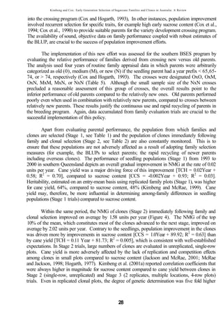 Kimbeng and Cox: Early Generation Selection of Sugarcane Families and Clones in Australia: A Review


into the crossing program (Cox and Hogarth, 1993), In other instances, population improvement
involved recurrent selection for specific traits, for example high early sucrose content (Cox et al.,
1994; Cox et al., 1990) to provide suitable parents for the variety development crossing program.
The availability of sound, objective data on family performance coupled with robust estimates of
the BLUP, are crucial to the success of population improvement efforts.

        The implementation of this new effort was assessed for the southern BSES program by
evaluating the relative performance of families derived from crossing new versus old parents.
The analysis used four years of routine family appraisal data in which parents were arbitrarily
categorized as old (0), medium (M), or new (N) if the seedling parent had a year prefix < 65,65-
74, or > 74, respectively (Cox and Hogarth, 1993). The crosses were designated OxO, OxM,
OxN, MxM, MxN, or NxN (Table 5). Although the small sample size of the NxN crosses
precluded a reasonable assessment of this group of crosses, the overall results point to the
inferior performance of old parents compared to the relatively new ones. Old parents performed
poorly even when used in combination with relatively new parents, compared to crosses between
relatively new parents. These results justify the continuous use and rapid recycling of parents in
the breeding program. Again, data accumulated from family evaluation trials are crucial to the
successful implementation of this policy.

        Apart from evaluating parental performance, the population from which families and
clones are selected (Stage 1, see Table 1) and the population of clones immediately following
family and clonal selection (Stage 2, see Table 2) are also constantly monitored. This is to
ensure that these populations are not adversely affected as a result of adopting family selection
measures (for example, the BLUPs to select parents; the rapid recycling of newer parents
including overseas clones). The performance of seedling populations (Stage 1) from 1993 to
2000 in southern Queensland depicts an overall gradual improvement in NMG at the rate of 0.02
units per year. Cane yield was a major driving force of this improvement [TCH = 0.02Year +
0.58; R2 = 0.70], compared to sucrose content [CCS = -0.002Year + 0.93; R2 = 0.03].
Heritability, estimated on an entry-mean basis using replicated family plots (Stage 1), was higher
for cane yield, 64%, compared to sucrose content, 48% (Kimbeng and McRae, 1999). Cane
yield may, therefore, be more influential in determining among-family differences in seedling
populations (Stage 1 trials) compared to sucrose content.

        Within the same period, the NMG of clones (Stage 2) immediately following family and
clonal selection improved on average by 1.58 units per year (Figure 4). The NMG of the top
10% of the mean, which constitutes most of the clones advanced to the next stage, improved on
average by 2.02 units per year. Contrary to the seedlings, population improvement in the clones
was driven more by improvements in sucrose content [CCS = 1.0Year + 89.92; R2 = 0.63] than
by cane yield [TCH = 0.11 Year + 81.73; R2 = 0.005], which is consistent with well-established
expectations. In Stage 2 trials, large numbers of clones are evaluated in unreplicated, single-row
plots. Cane yield is more adversely affected by the lack of replication and competition effects
among clones in small plots compared to sucrose content (Jackson and McRae, 2001; McRae
and Jackson, 1998; Hogarth, 1977). Kimbeng et al. (2001a) reported correlation coefficients that
were always higher in magnitude for sucrose content compared to cane yield between clones in
Stage 2 (single-row, unreplicated) and Stage 3 (2 replicates, multiple locations, 4-row plots)
trials. Even in replicated clonal plots, the degree of genetic determination was five fold higher



                                                             28
 