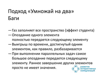 Подход «Умножай на два»
Баги
— Газ заполняет все пространство (эффект студента)
— Опоздание одного элемента
  полностью передается следующему элементу
— Выигрыш по времени, достигнутый одним
  элементом, как правило, разбазаривается
— При выполнении параллельных задач самое
  большое опоздание передается следующему
  элементу. Раннее завершение других элементов
  просто не имеет значения.
 