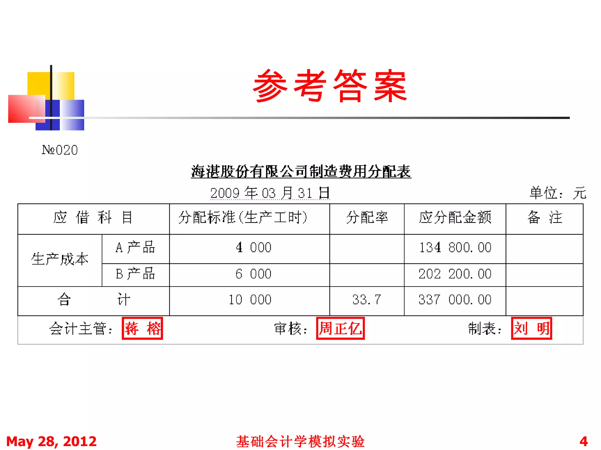 参考答案




May 28, 2012   基础会计学模拟实验   4
 