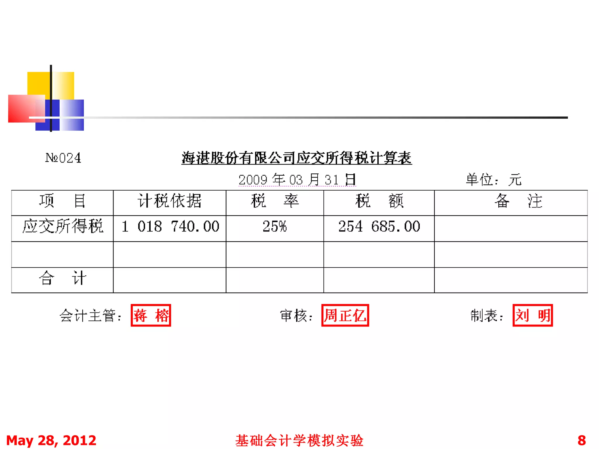May 28, 2012   基础会计学模拟实验   8
 