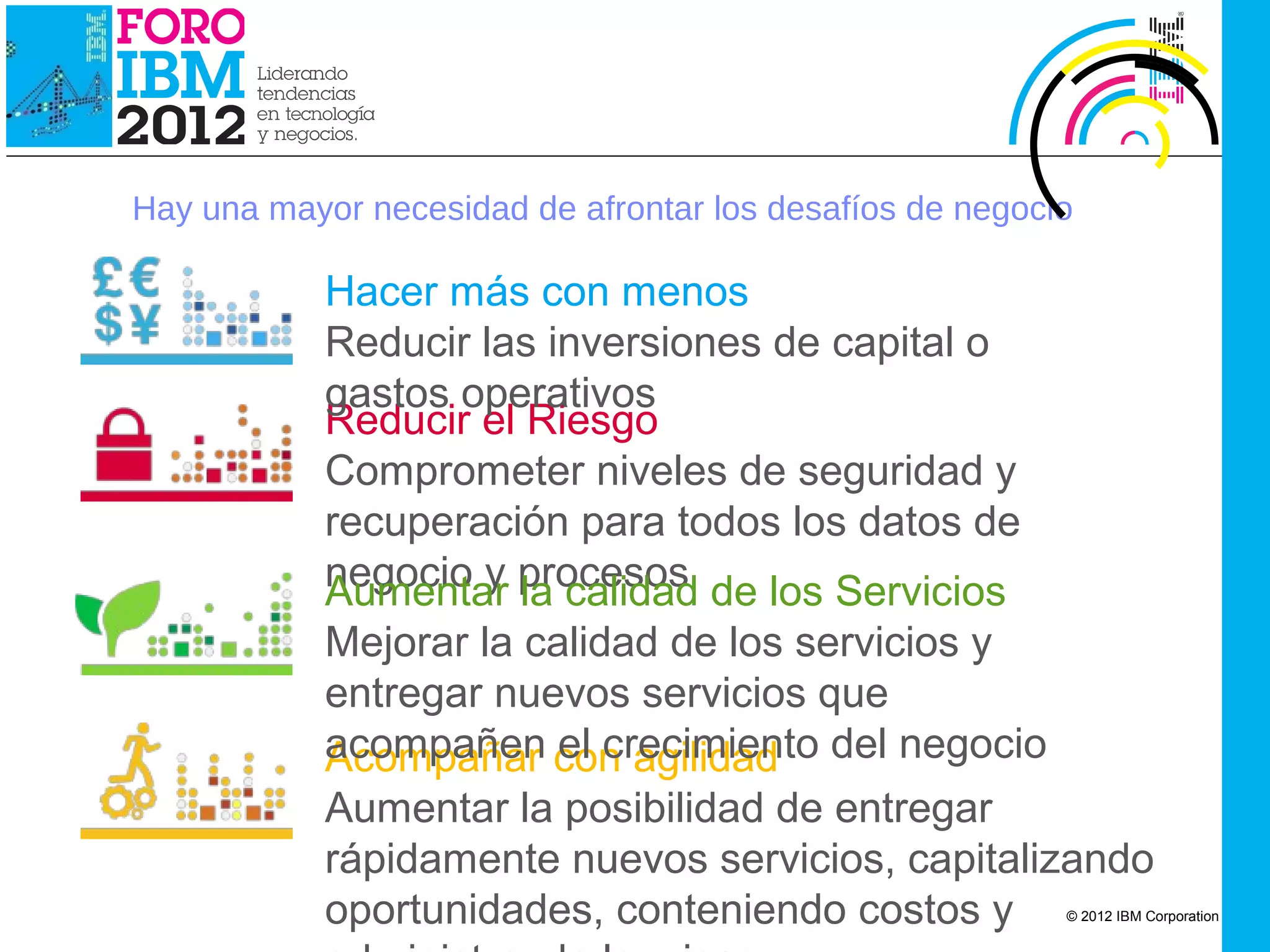 IBM Cloud Computing




         Hay una mayor necesidad de afrontar los desafíos de negocio

                      Hacer más con menos
                      Reducir las inversiones de capital o
                      gastos operativos
                      Reducir el Riesgo
                      Comprometer niveles de seguridad y
                      recuperación para todos los datos de
                      negocio y procesos de los Servicios
                      Aumentar la calidad
                      Mejorar la calidad de los servicios y
                      entregar nuevos servicios que
                      acompañen con agilidad del negocio
                      Acompañar el crecimiento
                      Aumentar la posibilidad de entregar
                      rápidamente nuevos servicios, capitalizando
                      oportunidades, conteniendo costos y          © 2012 IBM Corporation
 
