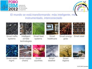 IBM Cloud Computing




          El mundo se está transformando: más inteligente, más
                     instrumentado, interconectado




    Smart traffic       Intelligent Smart food     Smart      Smart energy Smart retail
     systems              oil field  systems     healthcare      grids
                      technologies




    Smart water Smart supply         Smart        Smart          Smart      Smart cities
      mgmt        chains            countries    weather        regions

                                                                               © 2012 IBM Corporation
 
