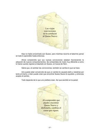 Las viejas
                                   convicciones
                                 no te conducen
                                 al Queso Nuevo




       Haw no había encontrado aún Queso, pero mientras recorría el laberinto pensó
en todo lo aprendido hasta entonces.

        Ahora comprendía que sus nuevas convicciones estaban favoreciendo la
adopción de nuevos comportamientos. Se comportaba de modo muy diferente a como
lo hacía cuando regresó al depósito sin Queso, en busca de Hem.

      Sabía que, al cambiar las convicciones, también se cambia lo que se hace.

        Uno puede estar convencido de que un cambio le causará daño y resistirse por
tanto al mismo; o bien puede creer que encontrar Queso Nuevo le ayudará, y entonces
acepta el cambio.

      Todo depende de lo que uno prefiera creer. Así que escribió en la pared:




                                Al comprender que
                                  puedes encontrar
                                   Queso Nuevo y
                               disfrutarlo, cambias el
                                  curso que sigues.




                                       - 27 -
 