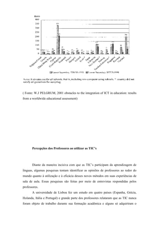 ( Fonte: W.J PELGRUM, 2001 obstacles to the integration of ICT in education: results
from a worldwide educational assessment)




       Percepções dos Professores ao utilizar as TIC’s




       Diante da maneira incisiva com que as TIC’s participam da aprendizagem de
línguas, algumas pesquisas tentam identificar as opiniões de professores ao redor do
mundo quanto à utilização e à eficácia desses novos métodos em suas experiências de
sala de aula. Essas pesquisas são feitas por meio de entrevistas respondidas pelos
professores.
       A universidade de Lisboa fez um estudo em quatro países (Espanha, Grécia,
Holanda, Itália e Portugal) e grande parte dos professores relataram que as TIC nunca
foram objeto de trabalho durante sua formação acadêmica e alguns só adquiriram o
 